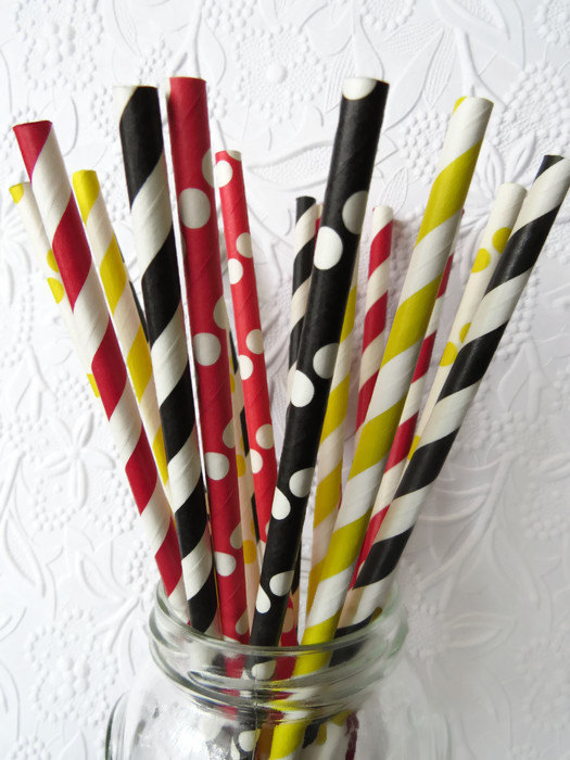 Hochzeit - 50 Mouse in the House Paper Straws Mixed Black, Red and Yellow Stripes, Dots DiY Flags- Kids Birthday Baby Shower- USA Seller!