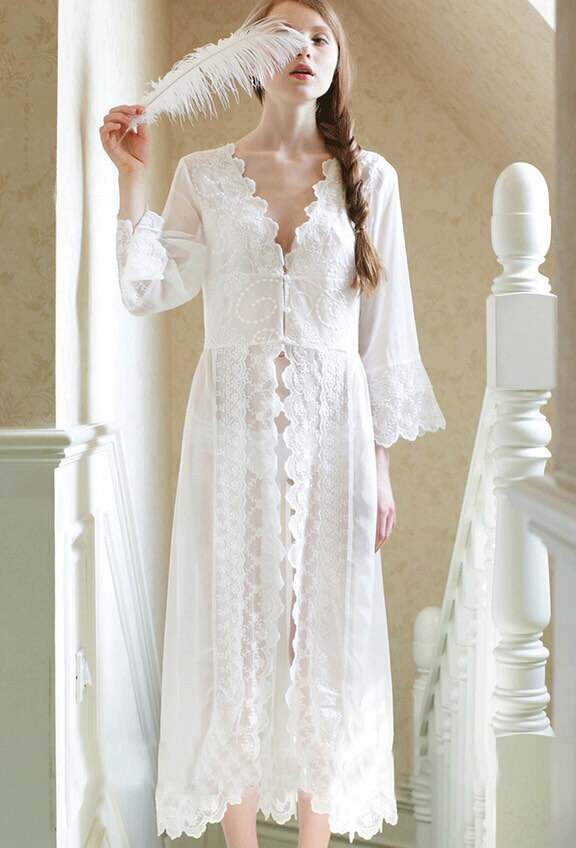 زفاف - Pre-order Bridal Lace Nightgown Bridal Robes Wedding Lingerie Sleepwear