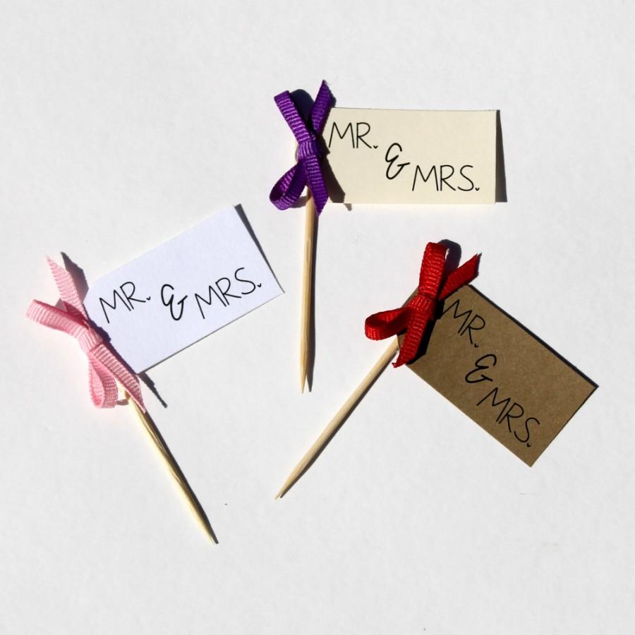 Wedding - Wedding Cupcake Toppers - "Mr. & Mrs." - Paper Flags with Bows
