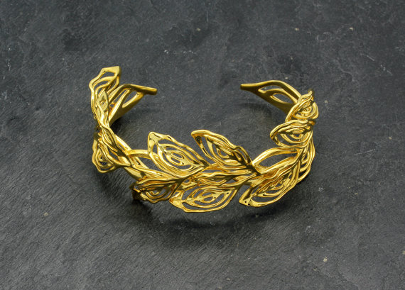 Mariage - Gilt Laurel Cuff Bracelet, Art Nouveau jewellery, Golden Brass Wedding Bracelet, Filigree Bridal Cuff Bracelet, free shipping