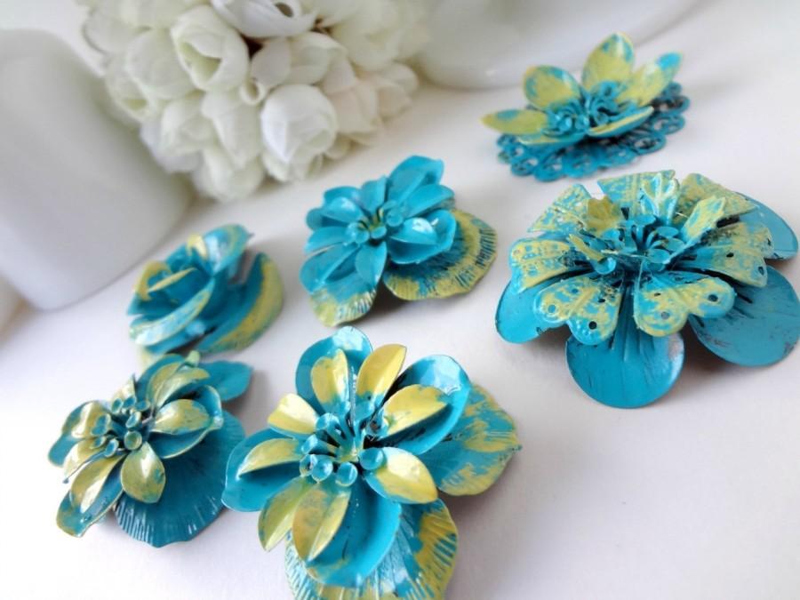 Wedding - Dimensional Yellow and Teal Blue Green Metal Flowers / Vintage Style / Set of 6 / Brooch Bouquet Supplies / Hand Painted Layered Petals