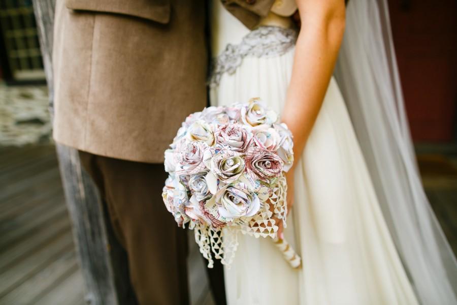 Wedding - Vintage DIY Map or Book Paper Rose Bridal Bouquet with Rhinestones or Pearls