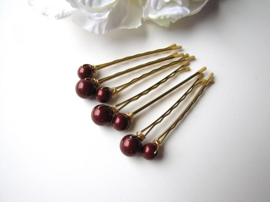 Mariage - Marsala Pearl Hair Pins, Bordeaux Burgundy Red, Mixed sizes set of 7