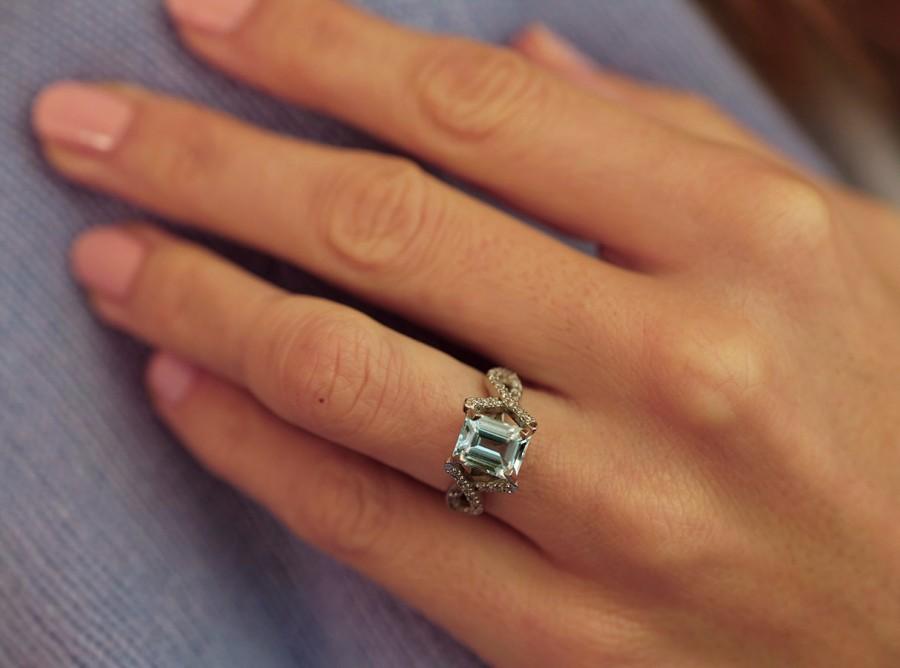 Hochzeit - Aquamarine Engagement Ring, Aquamarine Diamond Ring, Aquamarine Wedding Ring, Aquamarine Halo Ring, Eternity Engagement Ring