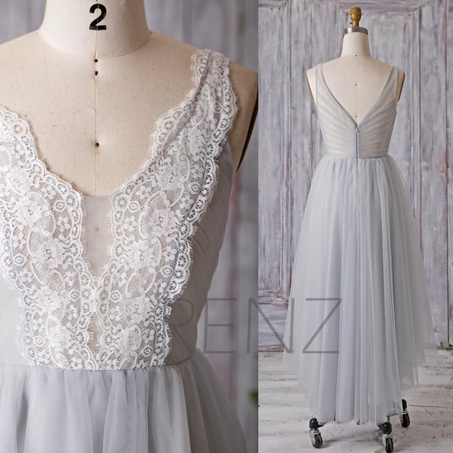 Hochzeit - 2016 Light Grey Bridesmaid Dress, Long Gray Mesh Wedding Dress, V Neck White Lace Prom Dress, High Low Formal Dress Tea Length (HS162)