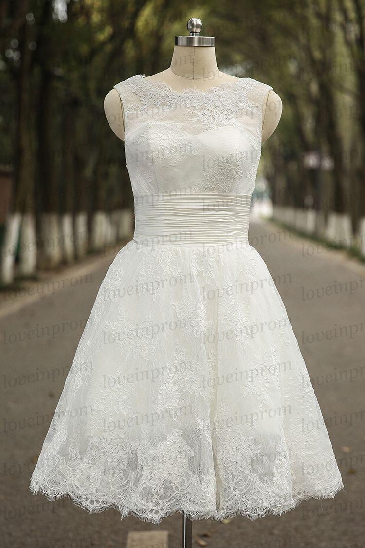 Wedding - Knee length cap sleeve lace wedding dress,vintage handmade lace tulle bridal gowns / beach wedding dress