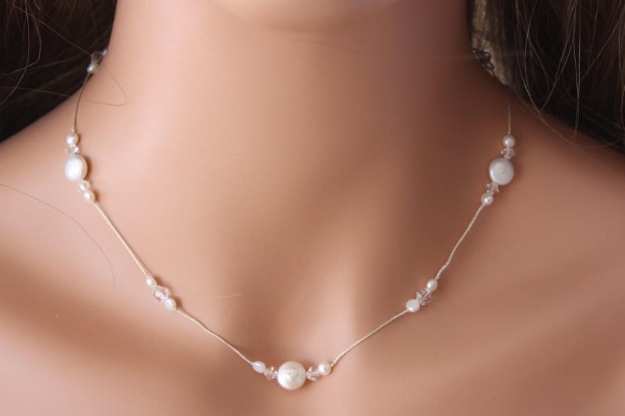 Wedding - PEARL WEDDING NECKLACE on Silk Cord with Swarovski Crystals and Coin Pearls, Unique perfect for Bride or Bridesmaids, Simple Necklace