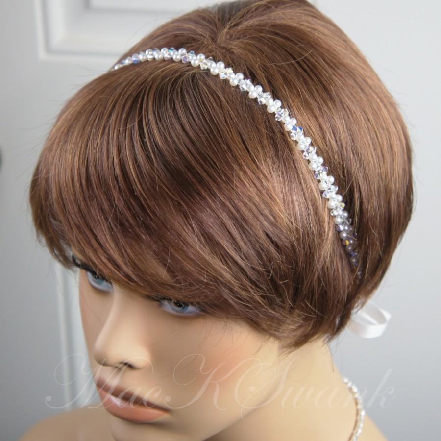 Hochzeit - Chevron Swarovski Crystal and Pearl Bridal Headband - Wedding, Preppy, Minimalist, Simple - More Colors Available