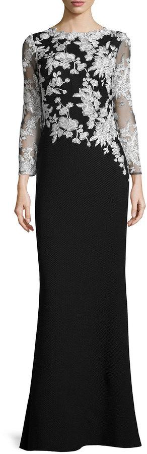 Hochzeit - Tadashi Shoji Long-Sleeve Lace-Embellished Combo Gown