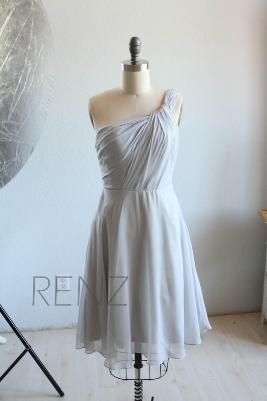 Mariage - 2016 Grey One Shoulder Bridesmaid dress, Gray Evening Gown, Short Chiffon Cocktail dress, Womens A line Prom dress knee length (B068A)-RENZ