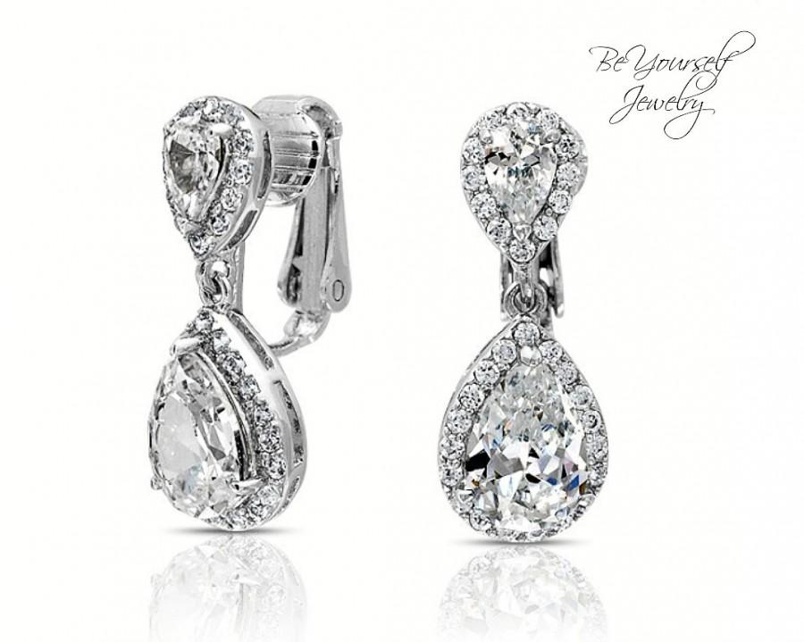Mariage - Clip On Bridal Earrings Teardrop Bride Earrings Wedding Jewelry Cubic Zirconia Wedding Earrings White Crystal Bridesmaid Gift CZ Earrings
