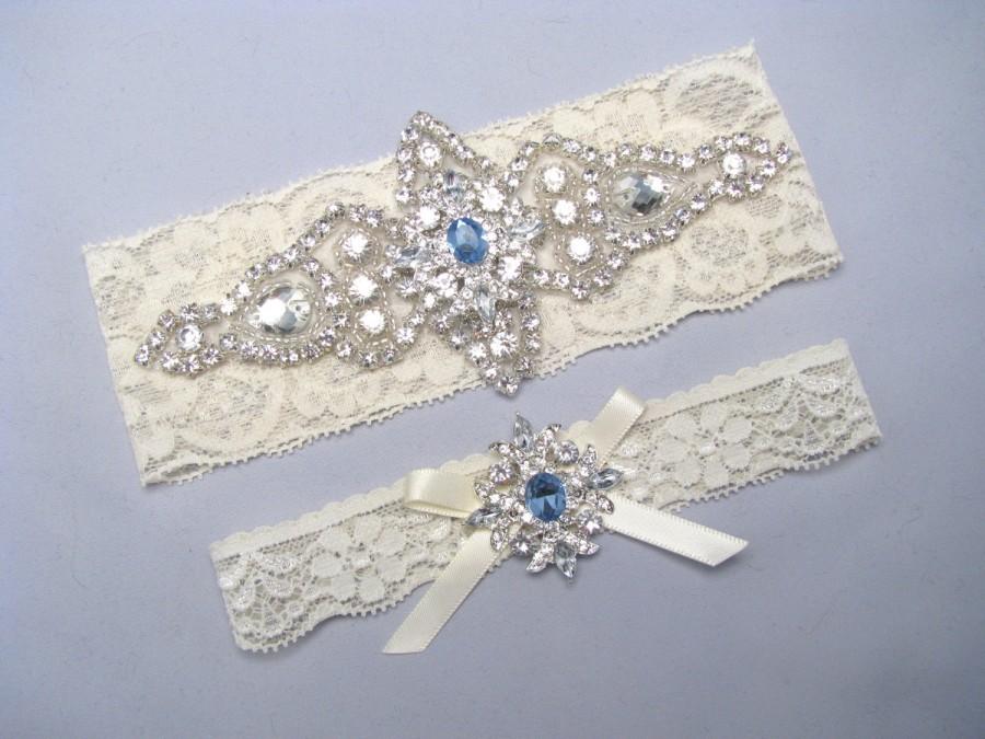 زفاف - Something Blue Wedding Garter, Custom Size Garter, Crystal Rhinestone Silver Bridal Garter, Stretch Lace Garter, Ivory White Bridal Garter