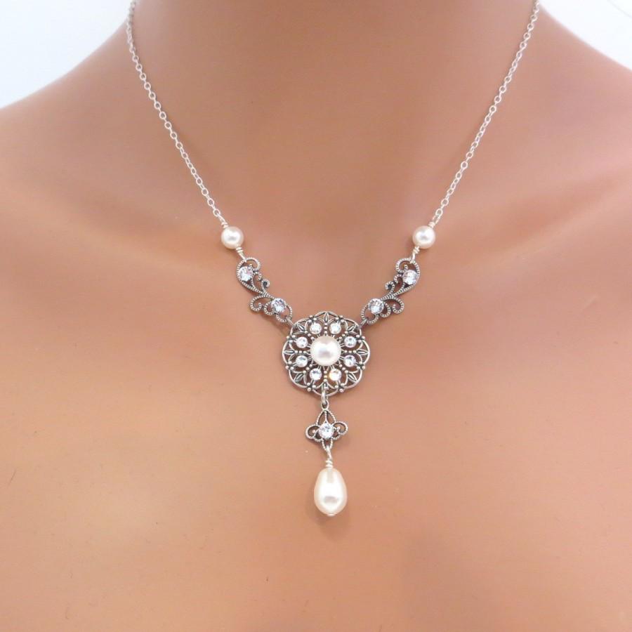 Свадьба - Vintage style necklace, bridal necklace, pearl necklace, wedding necklace, sterling silver necklace, Swarovski crystal, Swarovski pearls