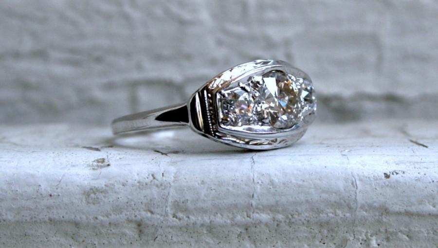 Свадьба - Vintage 14K White Gold Diamond Ring Three Stone Engagement Ring - 1.10ct.