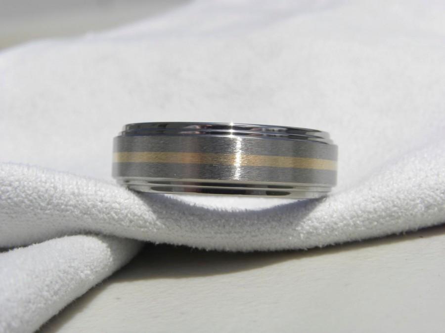 Hochzeit - Titanium Ring or Wedding Band with Solid Yellow Gold Stripe Brushed Finish