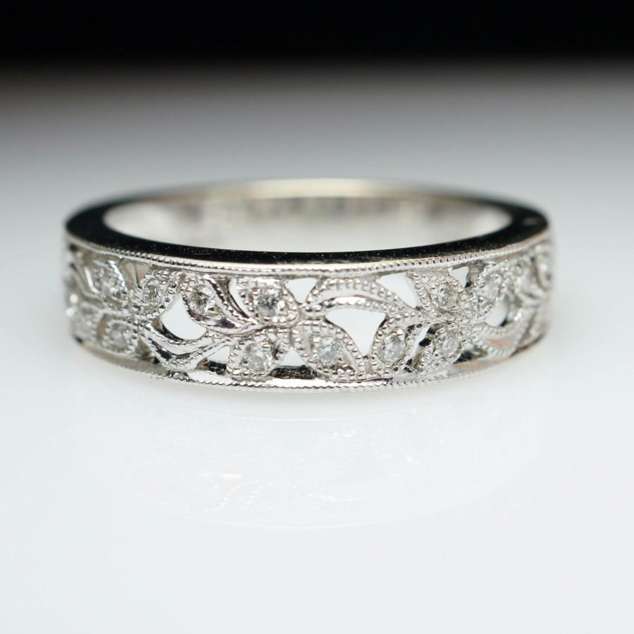 Свадьба - Intricate Diamond Flower Inlay White Gold Anniversary Band Diamond Band Wedding Band Engagement Band Ring