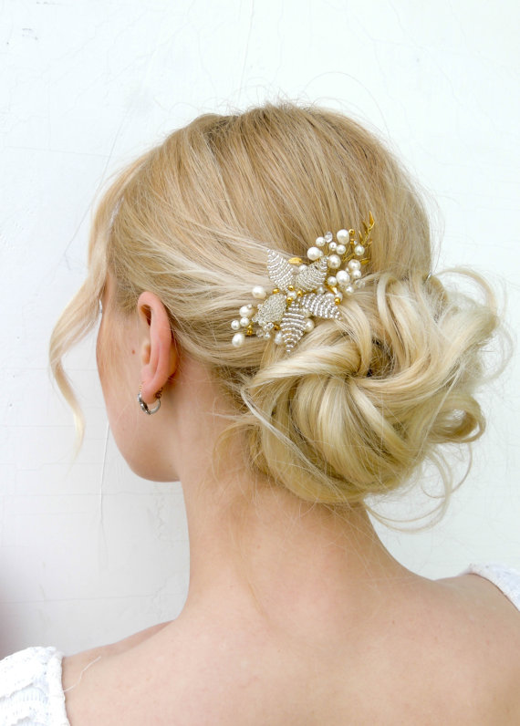 زفاف - Floral Wedding Hair Comb,gold leaf hair comb,Bridal Headpiece , pearl hair comb, Wedding Hair Accessories
