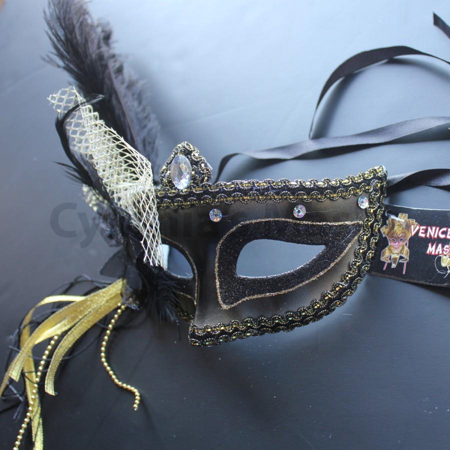 Wedding - Black Star Venetian Ostrich Feather Mask for Wedding Masquerade 5D2A SKU: 6F61