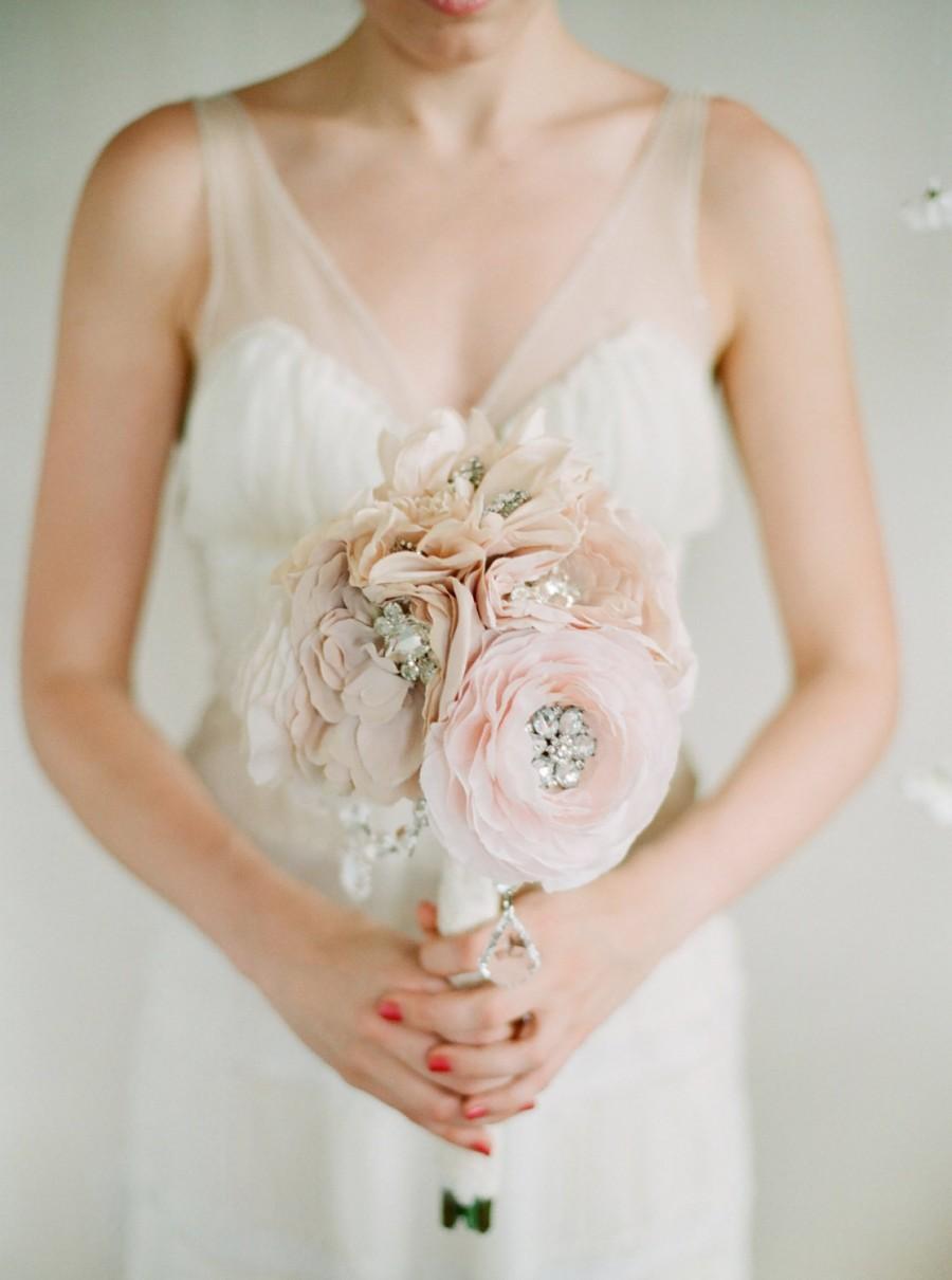 Wedding - Crystal and Rhinestone Beaded Silk Bridal Bouquet, Medium size in Blush Pink