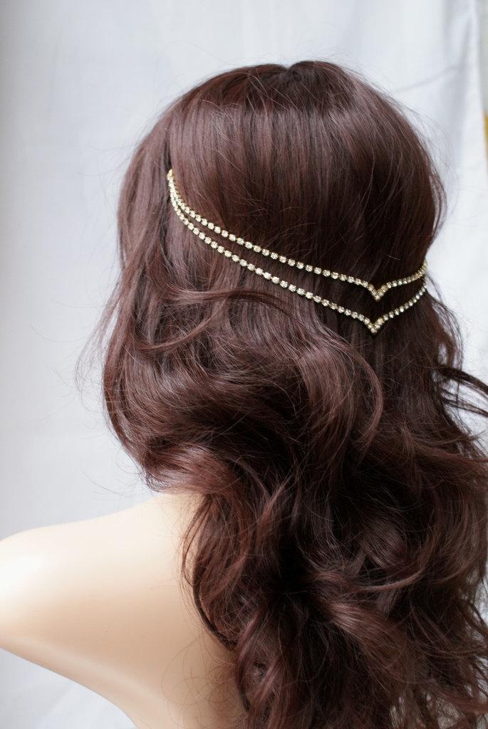 Свадьба - Head chain - Crystal Hair Jewellery - Wedding accessory - Gold Hair Chain - modern Bridal Hair Accessory