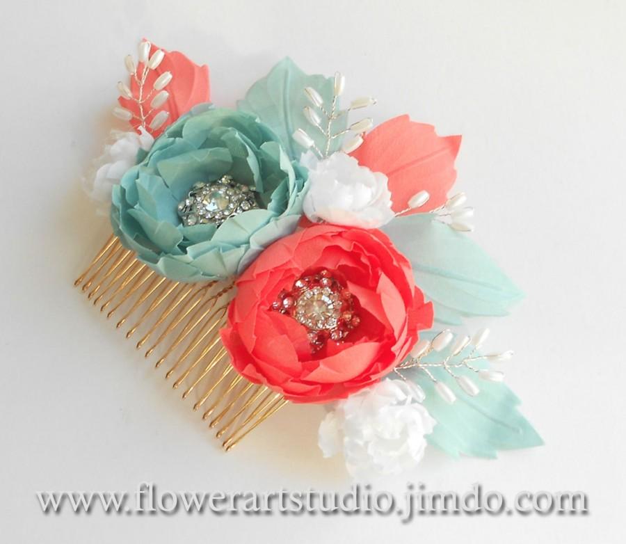 زفاف - Bridal Headpiece, Coral and mint green flower comb, Pearl and flower bridal comb, Bridal Hair Flower, Bridal Hair Accessories, Orange flower