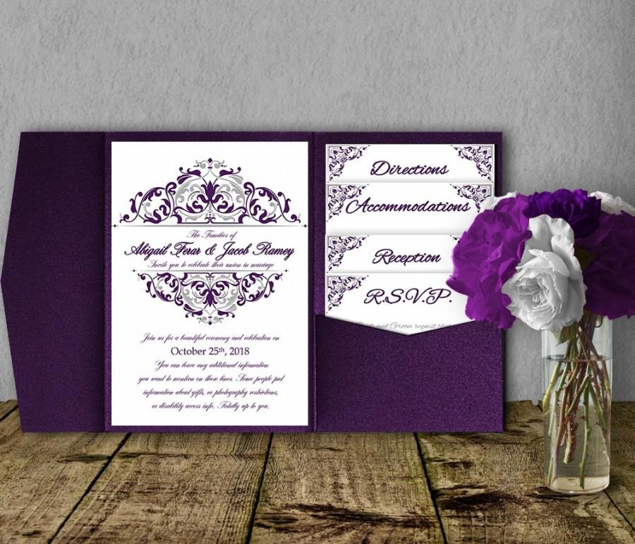 Свадьба - Silver Purple Wedding Invitation Template Kit, Invitation Suite, Wedding Invitation, Pocket Template, DIY Wedding Invitation, Pocketfold