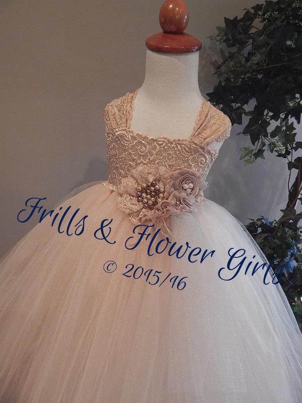 Mariage - Champagne Lace Flower Girl Dress LINED skirt Champagne Tulle Tutu Dress Flower Girl Dress Sizes 2, 3, 4, 5, 6 up to Girls Size 10