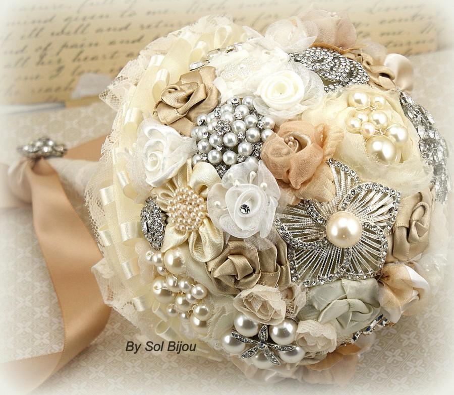 Mariage - Brooch Bouquet, Beige, Tan, Champagne, Gold, Ivory, Cream, Elegant Wedding, Vintage Style, Lace, Pearls, Crystals, Gatsby Wedding