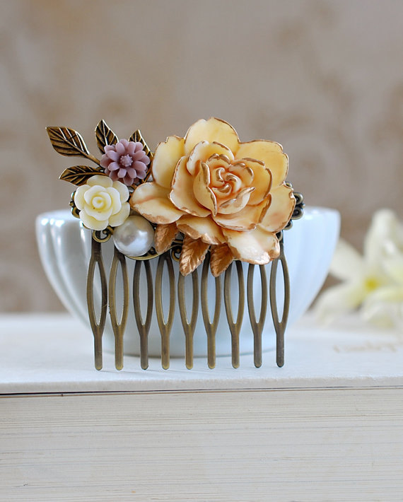 Wedding - Wedding Accessory bridal hair Comb Large Cream Ivory Rose Flower Collage Hair Comb, Shabby Chic French Country Bridal Hair Accessory