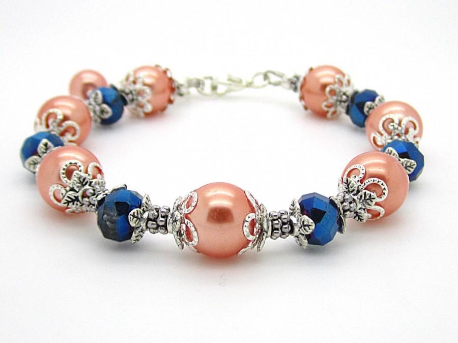Wedding - Navy and Peach Pearl Bracelet, Peach Bridesmaid Bracelet, Pearl Bridal Sets, Navy Bridesmaid Jewellery, Coral Weddings, Bridal Party Gifts
