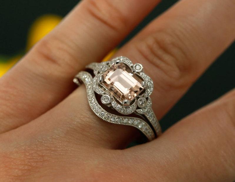 زفاف - 8x6mm Emerald Cut Morganite and Diamond Halo Engagement Ring with Matching Band, Wedding Set (avail in rose gold, yellow gold and platinum)