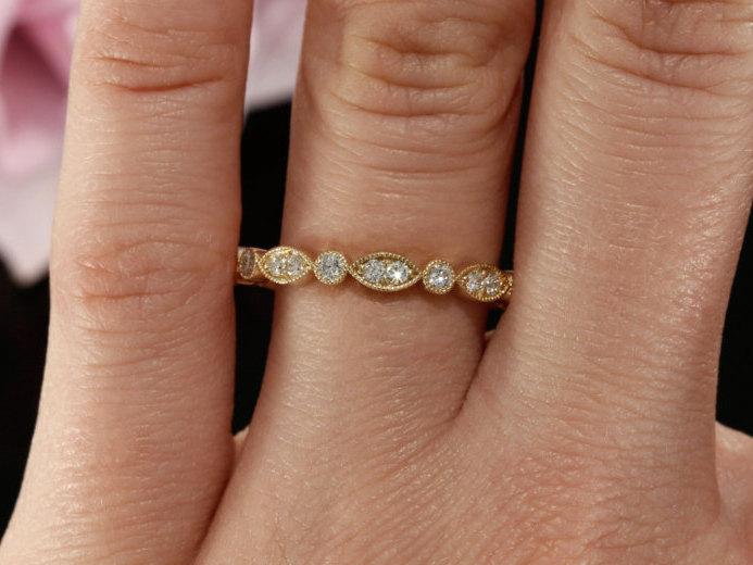 Wedding - Round Diamond Three-Quarter Eternity Wedding Band with Milgrain Design in 14k Yellow Gold (avail. in white gold, rose gold and  platinum)