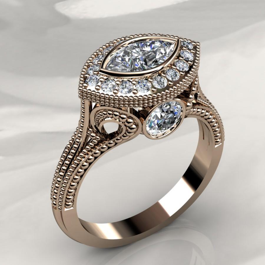 زفاف - Marquise shape Moissanite Engagement Ring with Halo and Mill-grained Edges (available in white, rose, yellow gold and platinum)