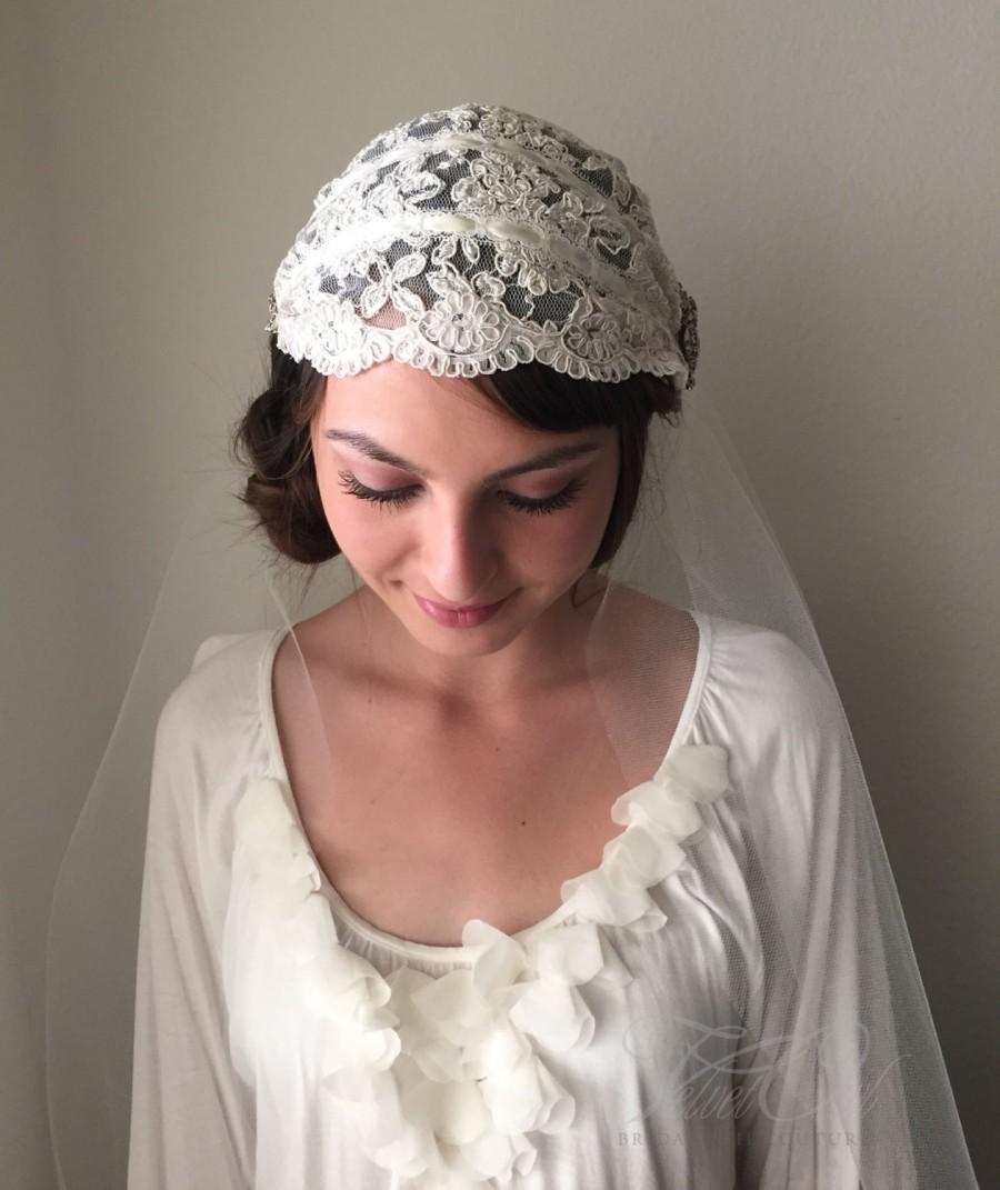 زفاف - Bridal Juliet cap and detachable veil Alencon lace Swarovski crystal jewel embellishments hand made - EVANGELINE