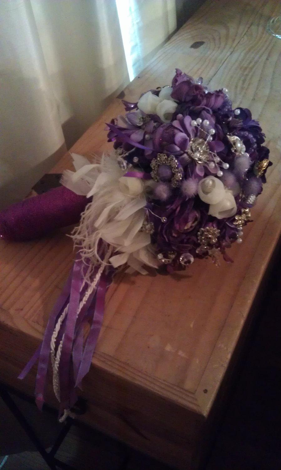 Mariage - Bridal Bouquet, Vintage Brooch, Purple, Wedding, bride, flowers, bouquet, vintage, floral, formal, bling