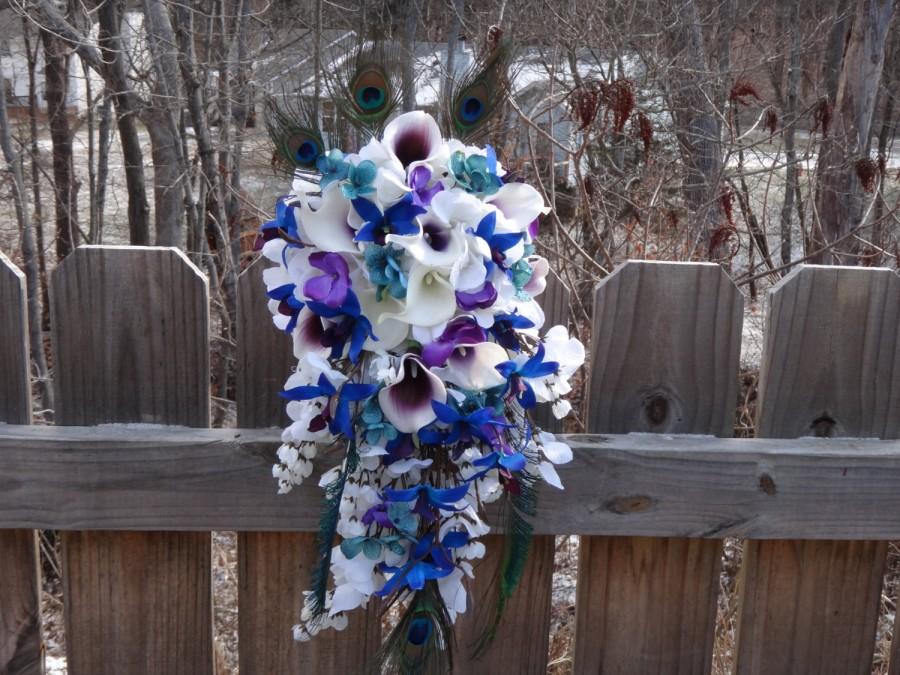 زفاف - Cascading bridal bouquet, picasso and white real touch calla lilies, purple blue orchids, galaxy orchids