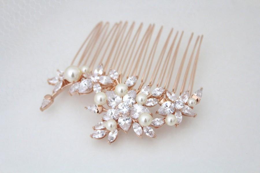 Hochzeit - Rose Gold hair comb, Bridal hair comb, Crystal flower headpiece, Pearl hair piece, Pearl hair comb, Wedding hair accessory, Bridal hair clip