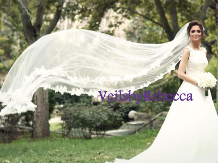 Свадьба - 1 tier cathedral lace veil, ivory/white French Alencon lace cathedral veil, crystal beading cathedral lace veil, lace wedding veil V618
