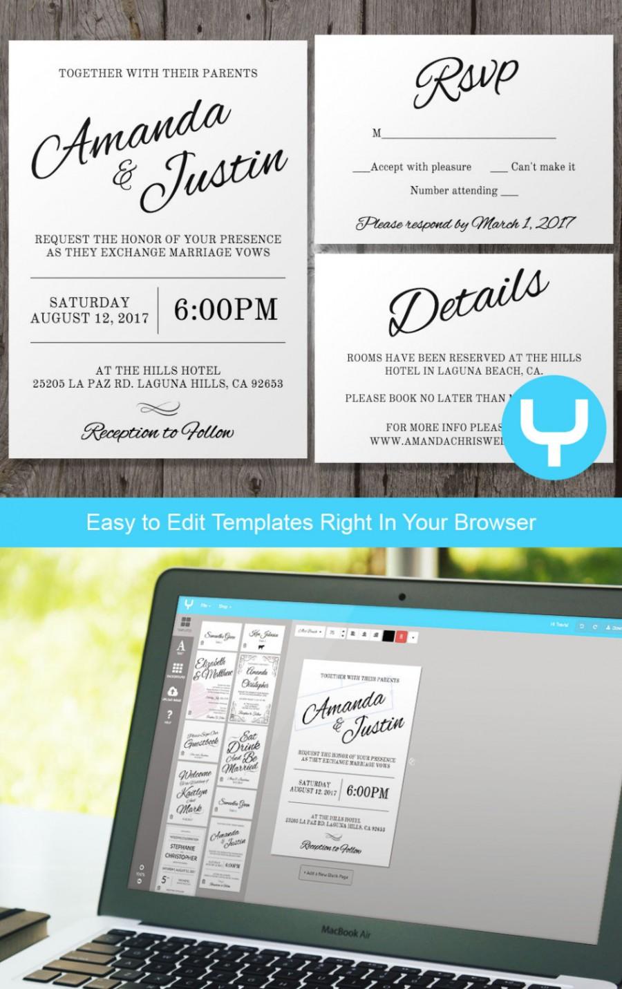 Wedding - Instant Download Printable Wedding Invitation + RSVP Template - Clean & Cursive - You Change Color and Text and Print