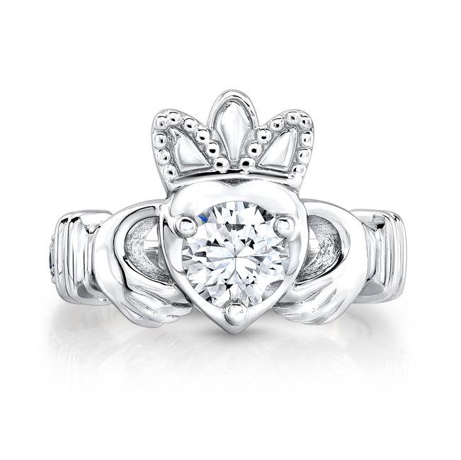 زفاف - Ladies Irish Claddagh ring 14kt white gold with diamond and Blue Sapphire engagement ring 0.10 ctw with 1ct Round White Sapphire center
