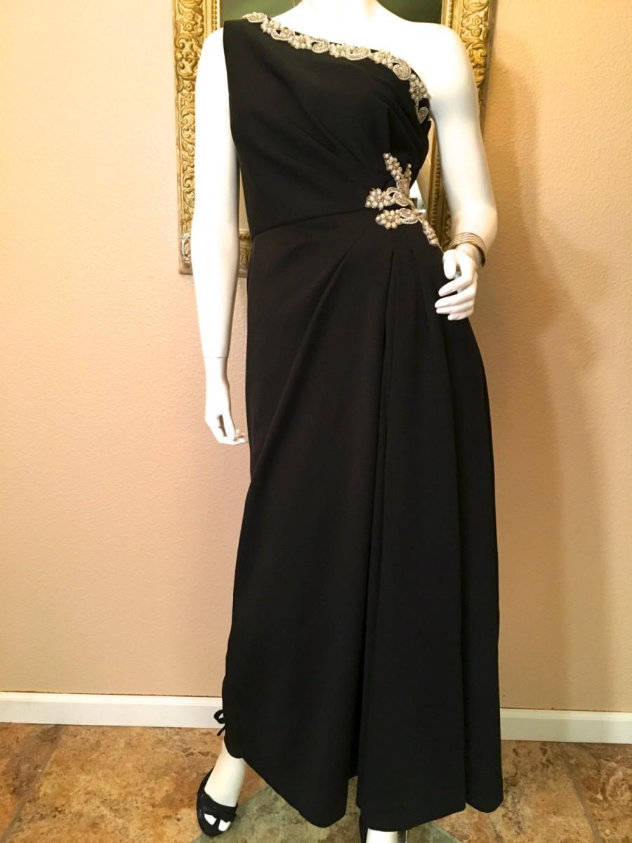 Wedding - Vintage 1960s Black Beaded Evening Gown. Old Hollywood One Shoulder 30s Long Grecian Dress. Marilyn Pinup Bombshell Formal Wedding MOB. S M