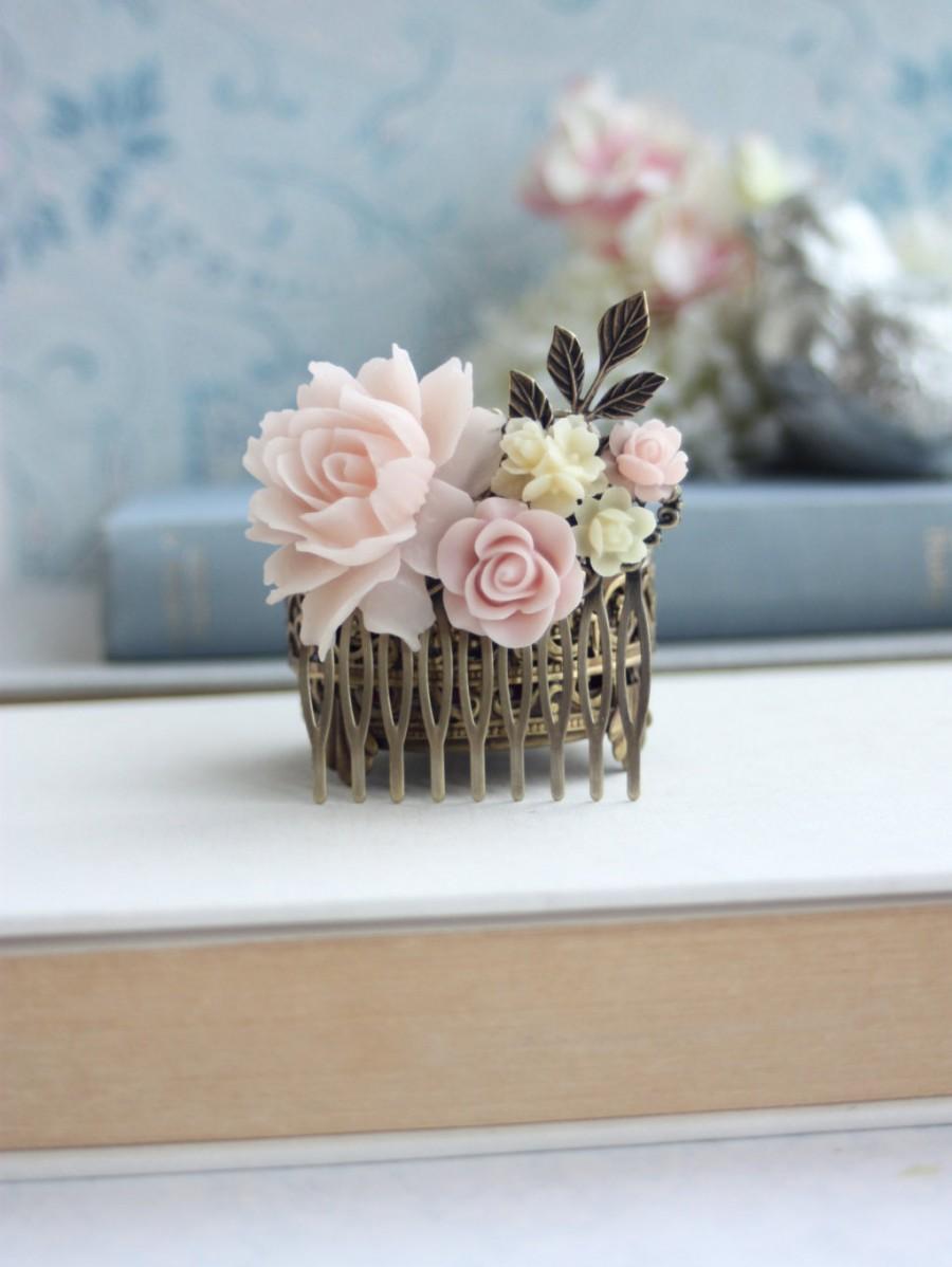 زفاف - Pink Ivory Wedding Bridal Hair Comb. Vintage Style Pink Rose Ivory Flower Collage Hair Comb. Wedding Hairpiece, Bridal Headpiece