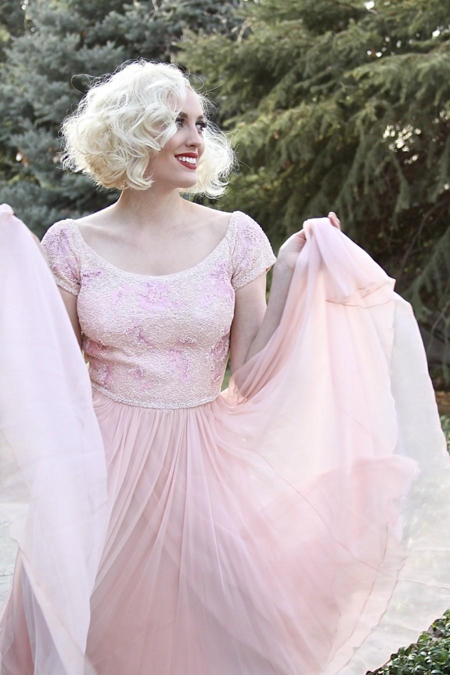 Wedding - Vintage 1950s  "Mignon"  Silk Dress / Wedding Party Dress / Beaded / Pink / NOS / size M