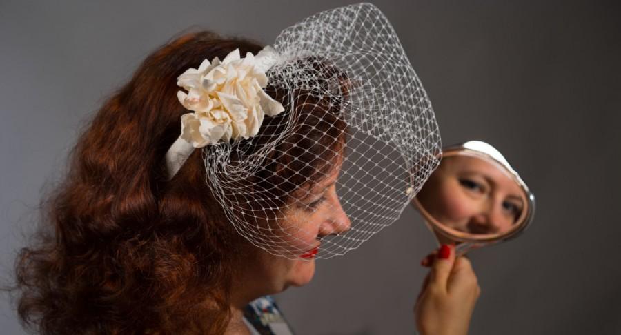 Wedding - Bridal Ivory Birdcage Veil Hairband with Silk Flowers