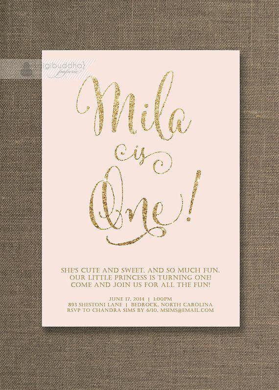 Mariage - Blush Pink & Gold Birthday Invitation Girl Gold Glitter Pastel Pink Script Modern First 1st FREE PRIORITY SHIPPING Or DiY Printable - Mila