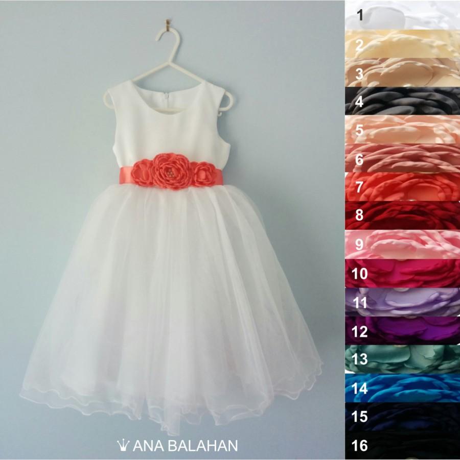 زفاف - First communion dress - WHITE, Wedding Flower Girl Dress, First birthday Dress, Dress For Children Toddler Kids Teen Girls, 16 sash colors
