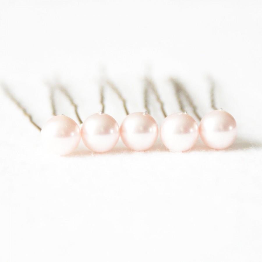 Свадьба - Pale Pink / Rosaline Wedding Hair Pins. Set of 5, 8mm Swarovski Crystal Pearls.