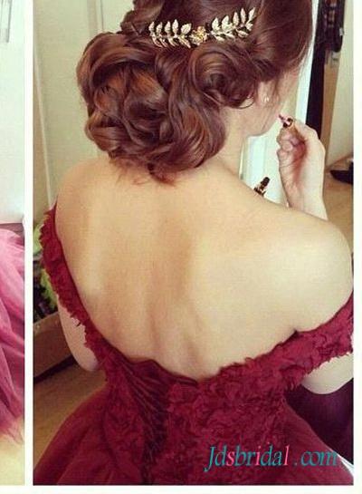Wedding - PD16050 burgundy red color lace top tulle skirt prom gown