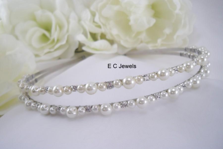 Hochzeit - Double Wrapped Pearl and Rhinestone Accent Bridal Headband