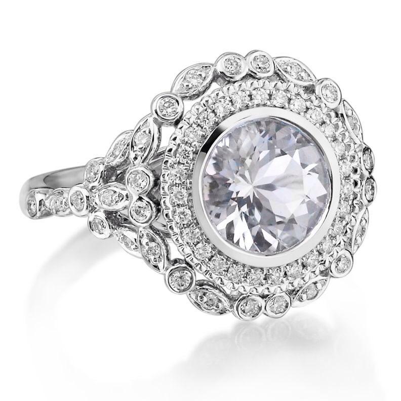 Hochzeit - Engagement Ring 8mm Forever Brilliant Moissanite Genuine Diamonds 18k White Gold Double Halo Diamond Vintage Engagement Ring&Wedding BandSet